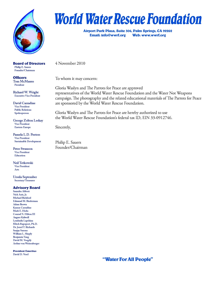 Letter from World Water Rescue Foundation